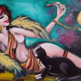 Kobieta z Kotem - sprzedam obraz olejny na płótnie 